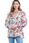 Floral Print Split V Neck Puff Sleeve Tunic Top