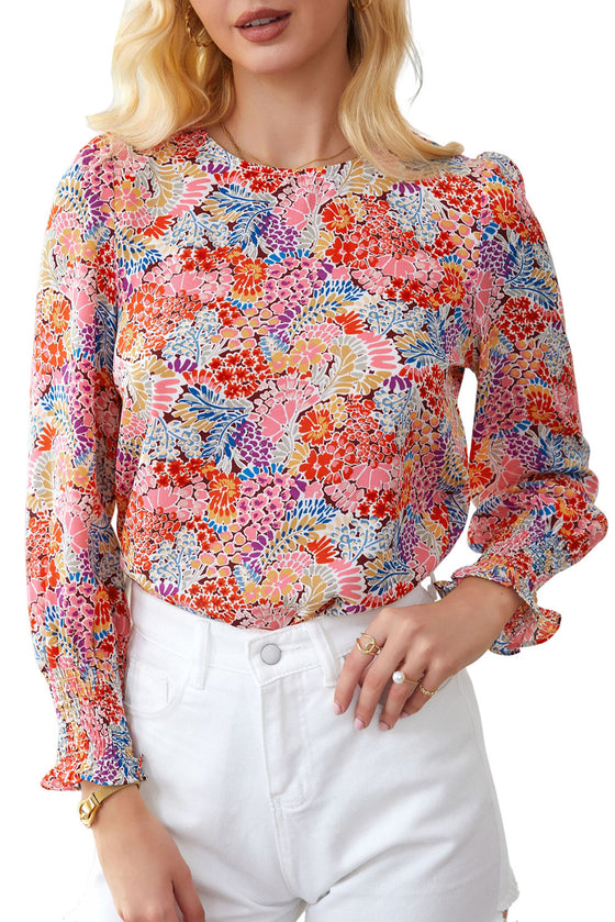 Multicolor Floral Print Smocked Cuffs Long Sleeve Blouse | Available in 2 Patterns