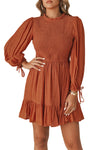 Red Frill Neck Smocked Bodice Drawstring Puff Sleeve Ruffle Dress