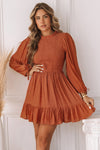 Red Frill Neck Smocked Bodice Drawstring Puff Sleeve Ruffle Dress