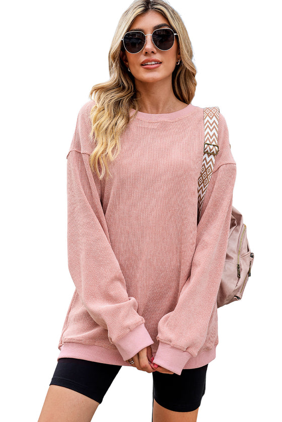 Pink Solid Ribbed Round Neck Pullover Sweatshirt |Available in 6 Colors