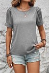 Light Grey Knit Pleated Puff Sleeve T-Shirt