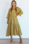 Yellow Crinkled Puff Sleeve Smocked Frill Tiered Dress