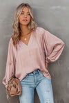 Pink Pleated Balloon Sleeve Drawstring V-Neck Blouse