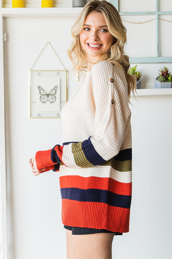 Colorblock Striped Button Drop Shoulder Pullover Sweater | Available