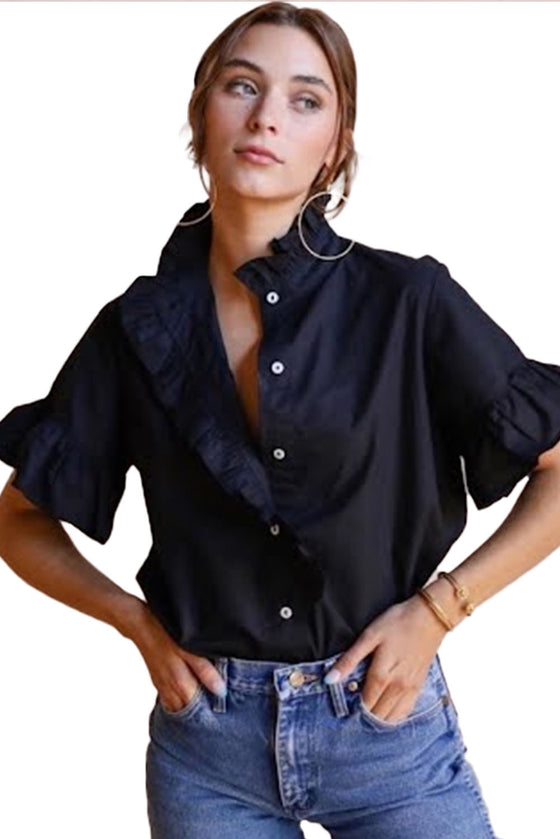 Blue Solid Ruffle Detail Button Up Funnel Neck Blouse