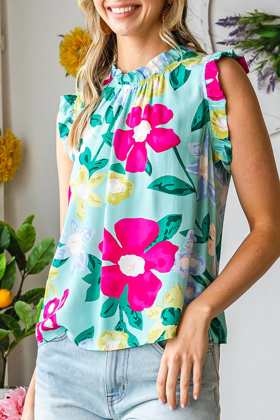 Green Floral Print Ruffle Trim Sleeveless Shirt