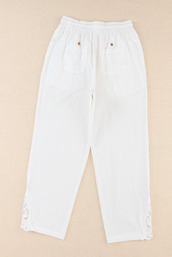 White Lace Splicing Drawstring Linen Pants