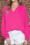 Rose Pleated V Neck Puffy Sleeve Blouse | Available in 2 Colors