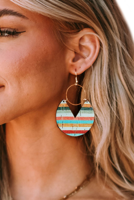 Multicolor Rainbow Stripe Pattern Wooden Pendant Hook Earrings