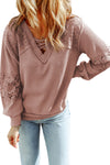 Pink Lace Waffle Knit Crisscross Straps V Neck Long Sleeve Top |Available in 2 Colors