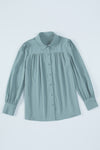 Khaki Solid Color Casual Button Up Puff Sleeve Pleated Shirt | Available in Other Colors