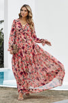 Pastel Red Floral Print Ruffle Trim Plunge Neckline Maxi Dress