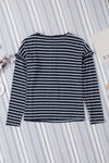 Black and White Striped Snap Button Ruffle Trim Long Sleeve Top