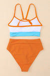 Orange Color Block Spaghetti Strap High Waist Two Piece Swimsuit