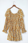 Yellow Boho Paisley Floral Print Long Sleeve Short Dress