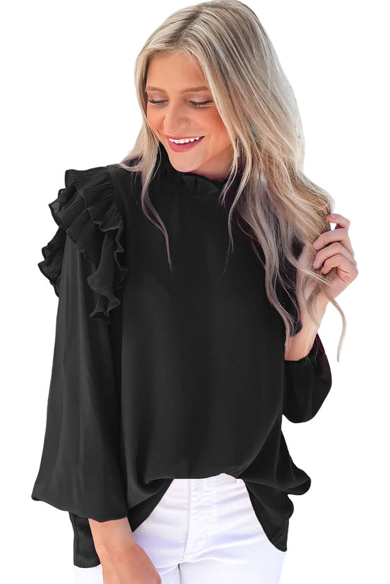 Rose Solid Button Keyhole Back Pleated Ruffle Trim Blouse | Available in Black