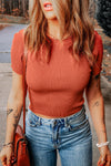 Coral Red Ribbed Knit Crewneck Crop T Shirt