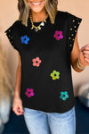 Black Shiny 60s Vintage Flower Graphic Studded Cap Sleeve T Shirt