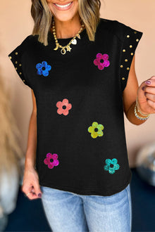  Black Shiny 60s Vintage Flower Graphic Studded Cap Sleeve T Shirt