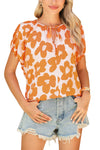 Orange Satin Retro Floral V-Neck Blouse