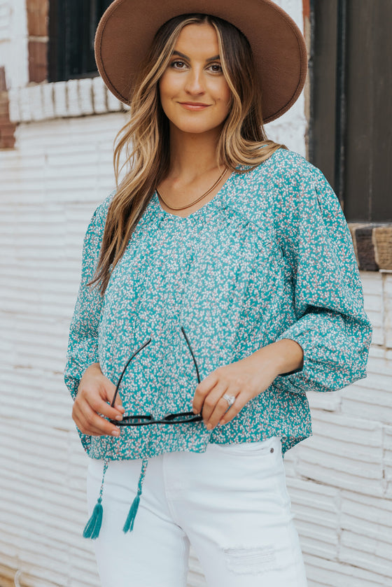 Light Blue Floral Print Boho Lace Up High Low V Neck Blouse