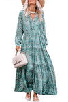 Sky Blue Paisley Print Long Sleeve Tiered Maxi Dress