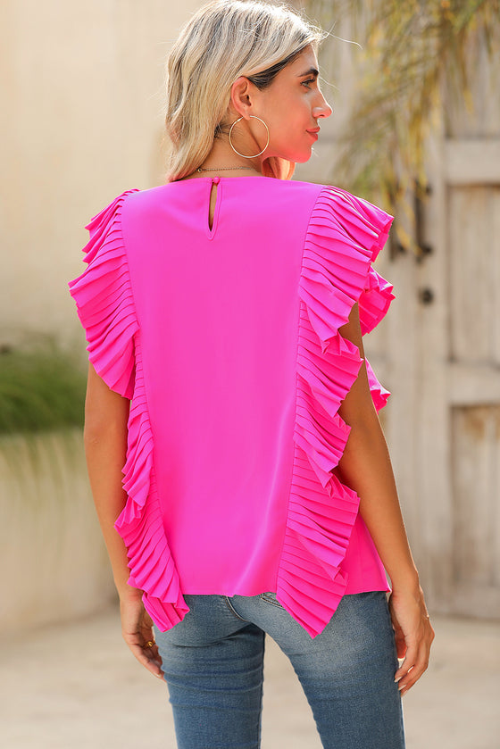 Bright Pink Plain Pleated Ruffle Trim Top