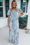 Abstract Print Wrap V Neck Flutter Sleeve Mid Length Summer Dress | Available in Blue