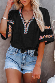  Black Boho Tassel Drawstring Embroidered Blouse