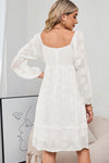 White Jacquard Square Neck Bubble Sleeve Dress