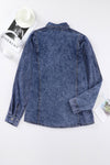 Dark Blue Rached Puff Sleeve Button-Up Denim Shirt