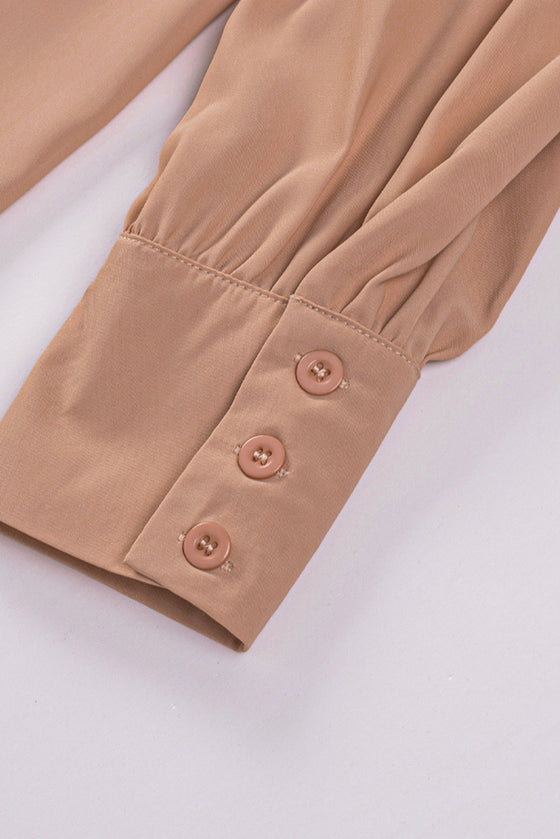 Khaki Solid Color Casual Button Up Puff Sleeve Pleated Shirt | Available in Other Colors