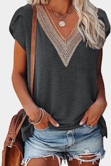  Black Lace Trim V Neck Overlap Short Sleeve T Shirt