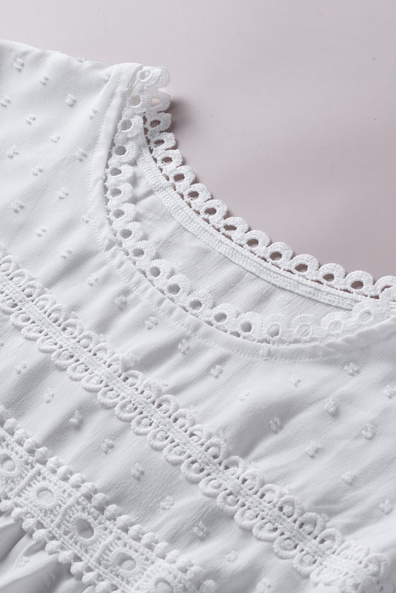 Apricot Swiss Dot Crochet Eyelet Back Button Detail Blouse | Available in 3 Colors