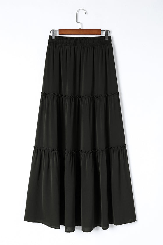 Black Casual Tiered Drawstring Elastic Waist Maxi Skirt