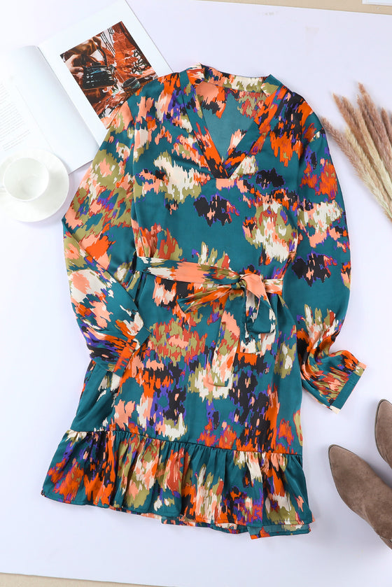 Abstract Print Waist Belted Long Sleeve Dress | Other Colors Available