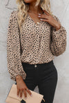 Khaki Casual Leopard Print Button V Neck Shirt