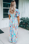 Abstract Print Wrap V Neck Flutter Sleeve Mid Length Summer Dress | Available in Blue