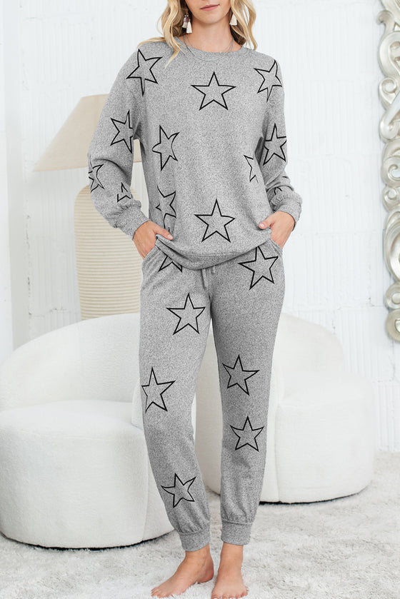 Black Stars Print Long Sleeve Top and Drawstring Pants Set | Available in Gray