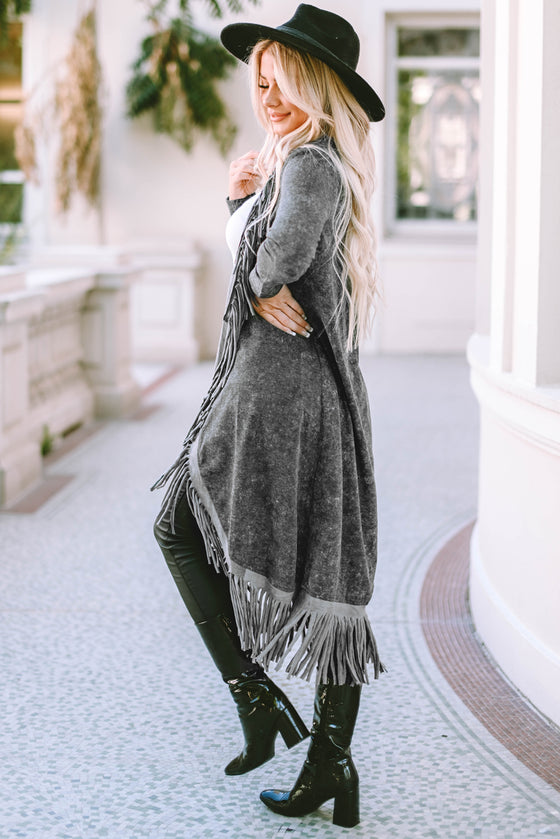 Black Mineral Washed Tassel Open Front Long Cardigan