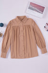 Khaki Solid Color Casual Button Up Puff Sleeve Pleated Shirt | Available in Other Colors