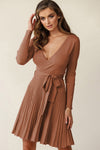 Belted Wrap V Neck Ribbed Pleated Sweater Dress in Gray or Brown