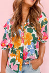 Multicolor Floral Print Ruffle Trim Puff Sleeve Blouse