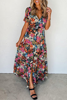  Black Boho Floral Print Deep V Tiered Maxi Dress