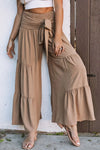 Khaki Lace Up Smocked Waist Tiered Wide Leg Pants