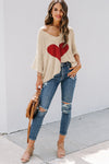 Beige Casual Heart Print Knit Sweater