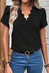 Black Scallop Trim Petal Sleeve Blouse