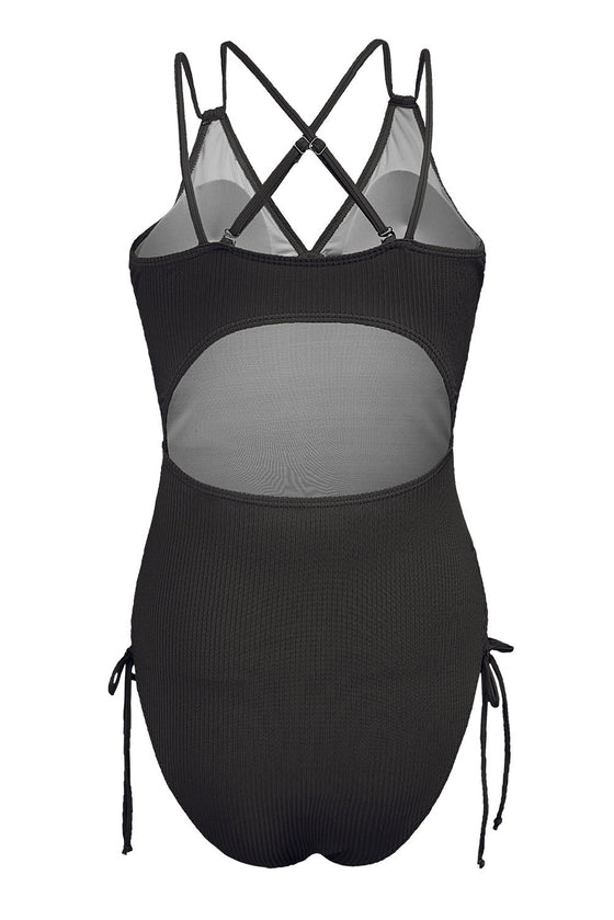 Black Ribbed Knit Backless One-Piece Swimsuit