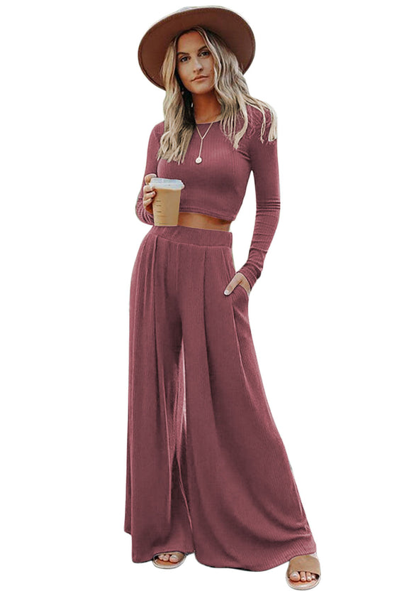 Black Plain Ribbed Crop Top & Wide Leg Pants Two Piece Pants Set | 3 Colors Available